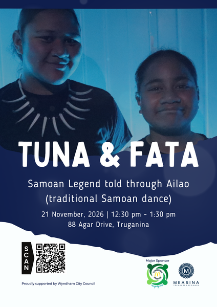 Promotional poster for a cultural event titled 'TUNA & FATA', featuring two smiling individuals in traditional Samoan attire against a blue-toned background, with event details and sponsor logos below.